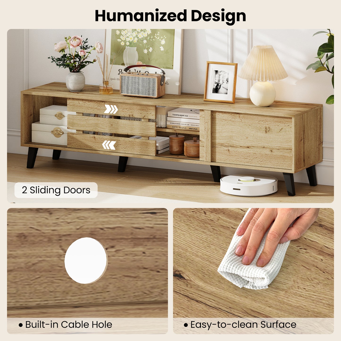 Mid Century Modern TV Stand for 80 Inch TVs with Sliding Door Cabinets and Storage Shelves, Oak Entertainment Centers & TV Stands at Gallery Canada