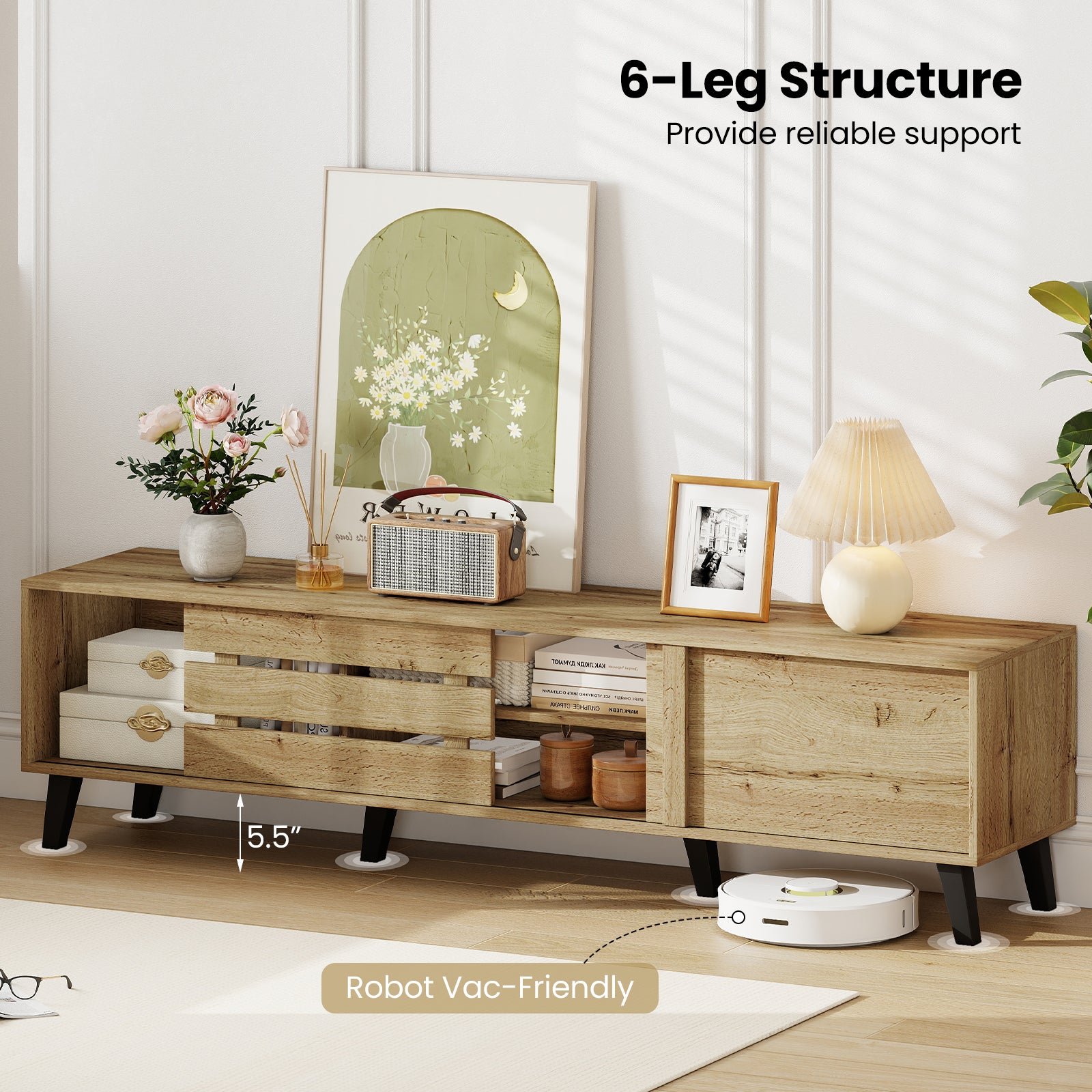 Mid Century Modern TV Stand for 80 Inch TVs with Sliding Door Cabinets and Storage Shelves, Oak Entertainment Centers & TV Stands at Gallery Canada