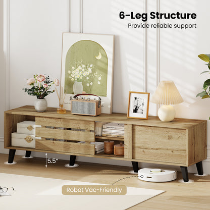 Mid Century Modern TV Stand for 80 Inch TVs with Sliding Door Cabinets and Storage Shelves, Oak Entertainment Centers & TV Stands at Gallery Canada