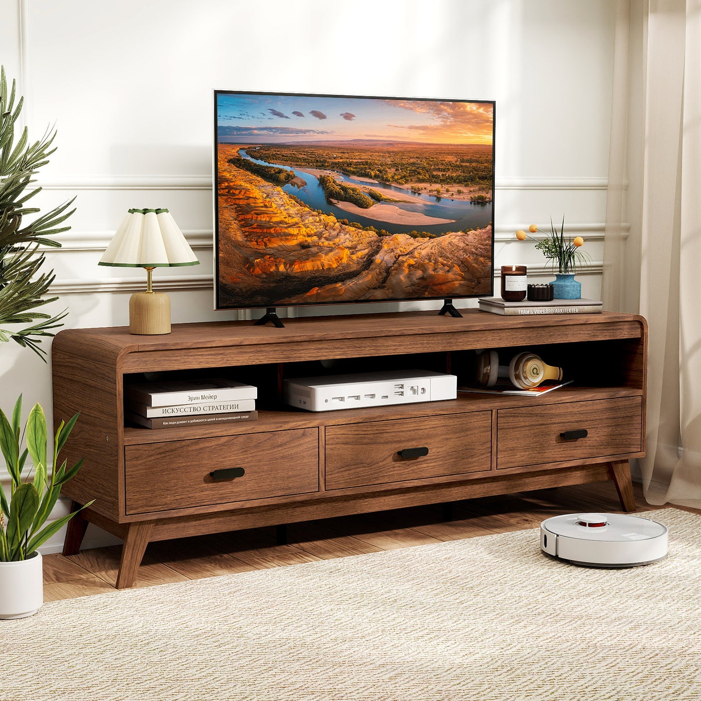 Mid Century Modern TV Stand for TVs up to 70" with 3 Storage Drawers and Open Shelves, Walnut