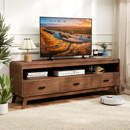 Mid Century Modern TV Stand for TVs up to 70" with 3 Storage Drawers and Open Shelves, Walnut