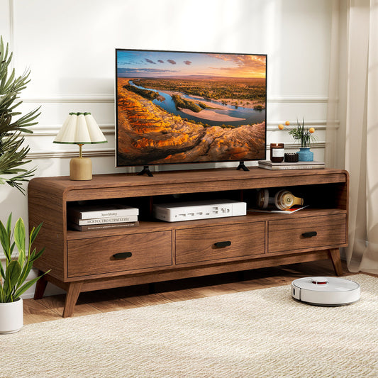 Mid Century Modern TV Stand for TVs up to 70" with 3 Storage Drawers and Open Shelves, Walnut