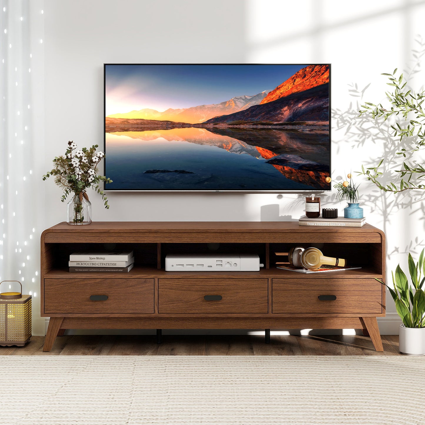 Mid Century Modern TV Stand for TVs up to 70" with 3 Storage Drawers and Open Shelves, Walnut