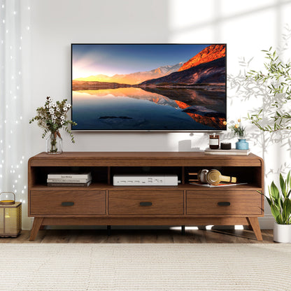 Mid Century Modern TV Stand for TVs up to 70" with 3 Storage Drawers and Open Shelves, Walnut