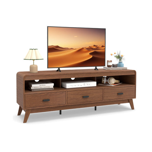 Mid Century Modern TV Stand for TVs up to 70" with 3 Storage Drawers and Open Shelves, Walnut Entertainment Centers & TV Stands Walnut at Gallery Canada