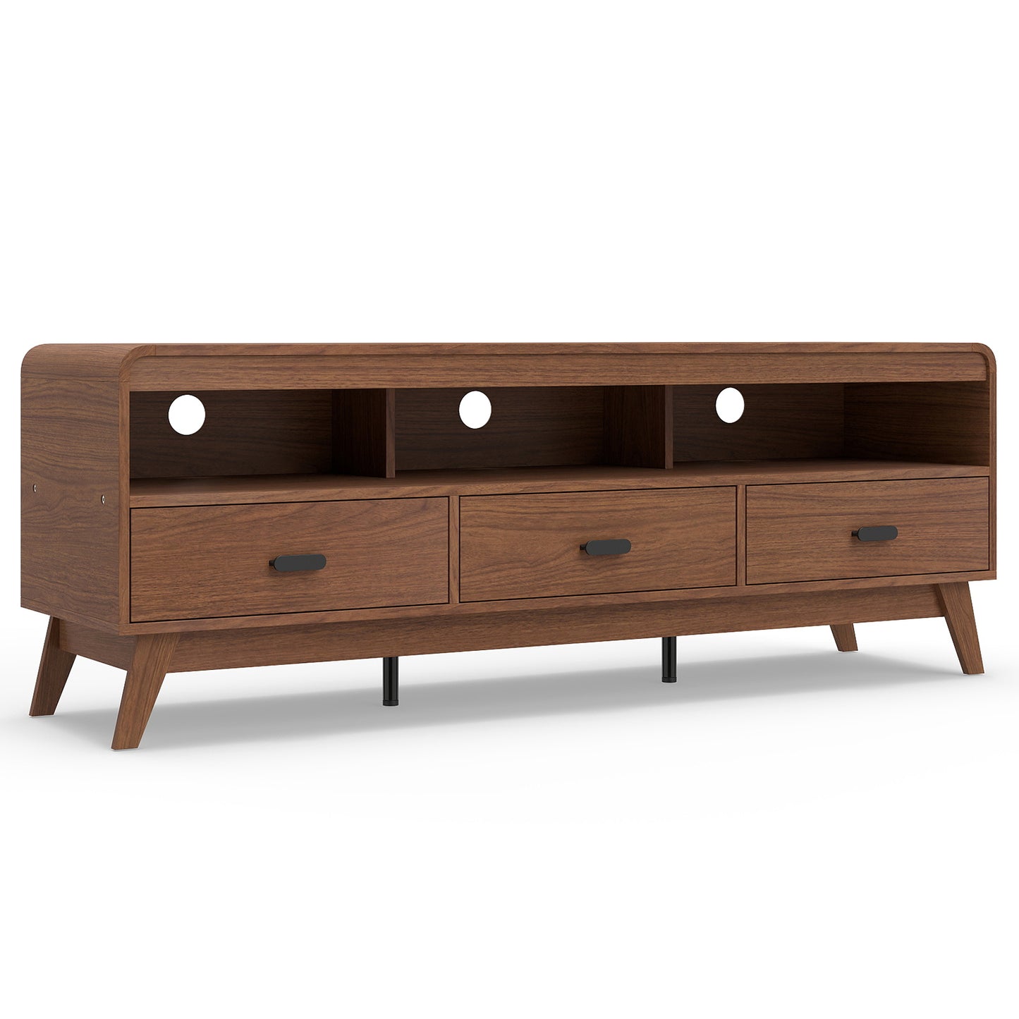 Mid Century Modern TV Stand for TVs up to 70" with 3 Storage Drawers and Open Shelves, Walnut