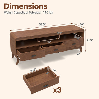 Mid Century Modern TV Stand for TVs up to 70" with 3 Storage Drawers and Open Shelves, Walnut