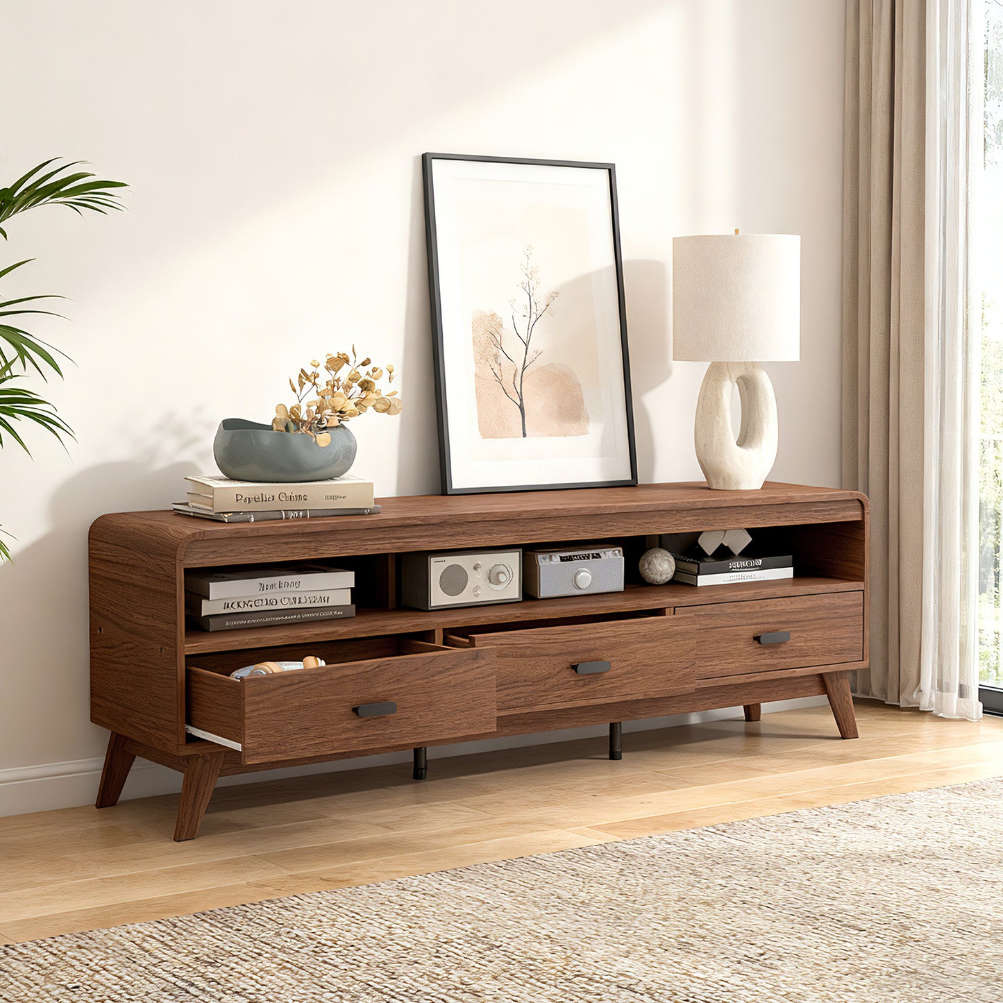 Mid Century Modern TV Stand for TVs up to 70" with 3 Storage Drawers and Open Shelves, Walnut