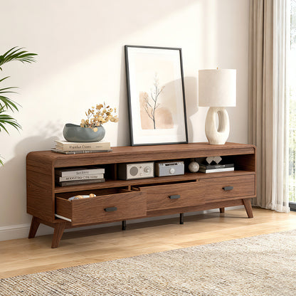 Mid Century Modern TV Stand for TVs up to 70" with 3 Storage Drawers and Open Shelves, Walnut