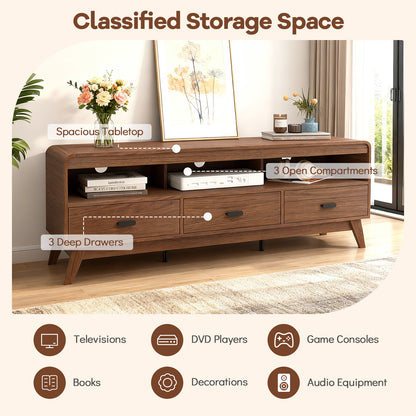 Mid Century Modern TV Stand for TVs up to 70" with 3 Storage Drawers and Open Shelves, Walnut