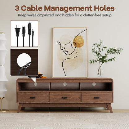 Mid Century Modern TV Stand for TVs up to 70" with 3 Storage Drawers and Open Shelves, Walnut