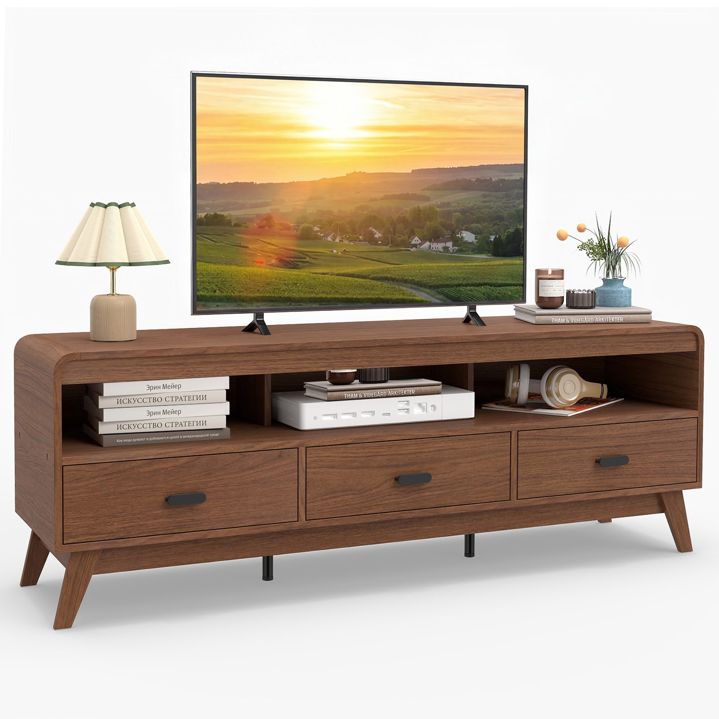 Mid Century Modern TV Stand for TVs up to 70" with 3 Storage Drawers and Open Shelves, Walnut Entertainment Centers & TV Stands Walnut at Gallery Canada