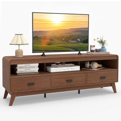 Mid Century Modern TV Stand for TVs up to 70" with 3 Storage Drawers and Open Shelves, Walnut Entertainment Centers & TV Stands Walnut at Gallery Canada
