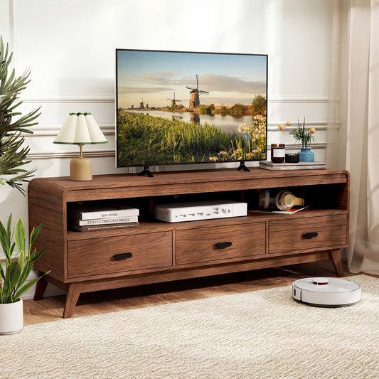 Mid Century Modern TV Stand for TVs up to 70" with 3 Storage Drawers and Open Shelves, Walnut Entertainment Centers & TV Stands Walnut at Gallery Canada
