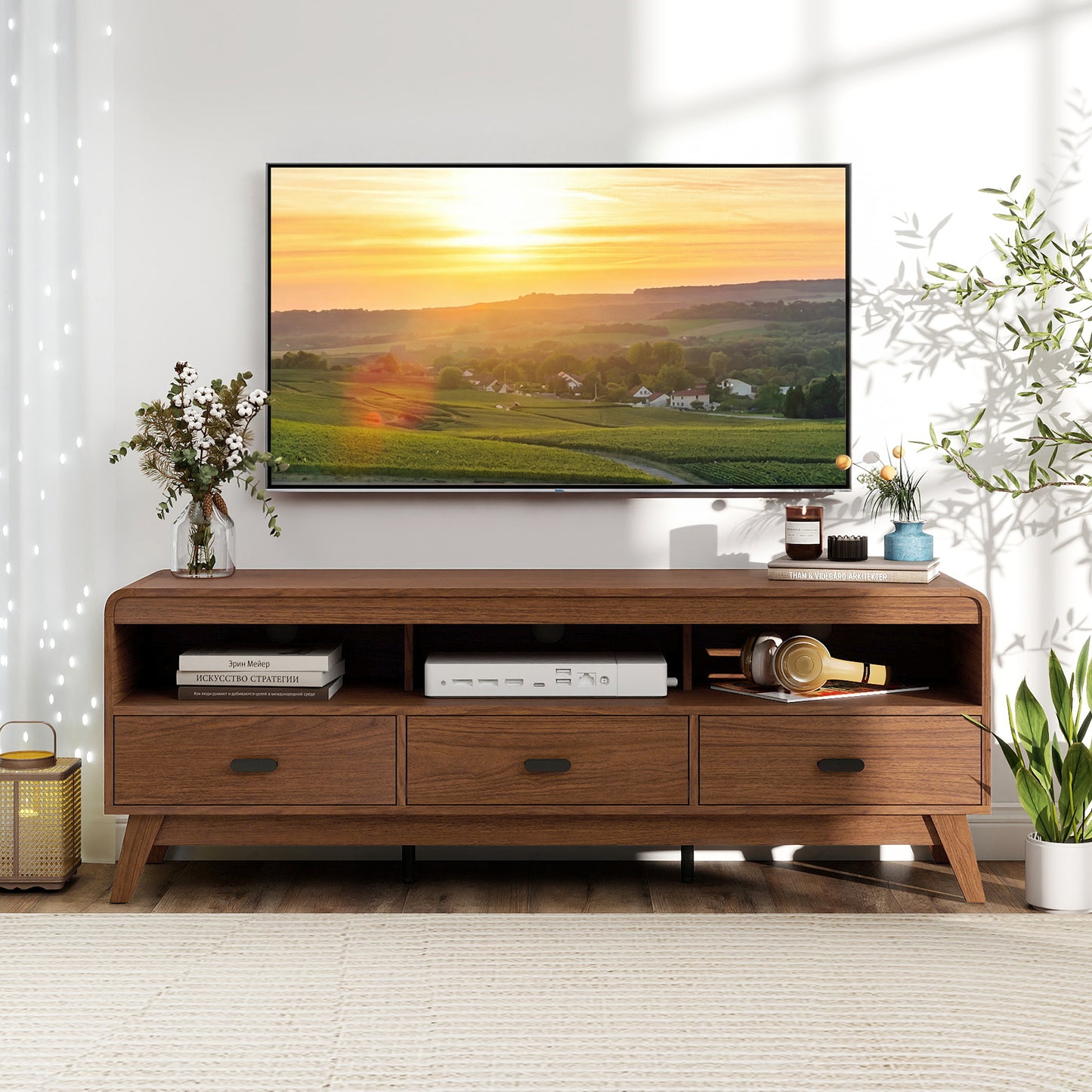 Mid Century Modern TV Stand for TVs up to 70" with 3 Storage Drawers and Open Shelves, Walnut Entertainment Centers & TV Stands at Gallery Canada