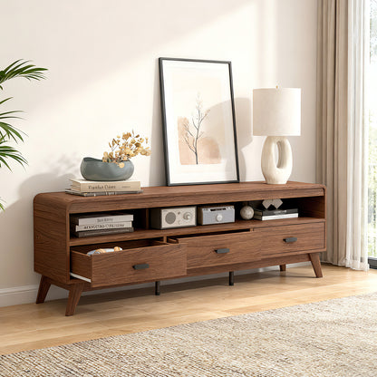 Mid Century Modern TV Stand for TVs up to 70" with 3 Storage Drawers and Open Shelves, Walnut Entertainment Centers & TV Stands at Gallery Canada