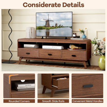 Mid Century Modern TV Stand for TVs up to 70" with 3 Storage Drawers and Open Shelves, Walnut Entertainment Centers & TV Stands at Gallery Canada