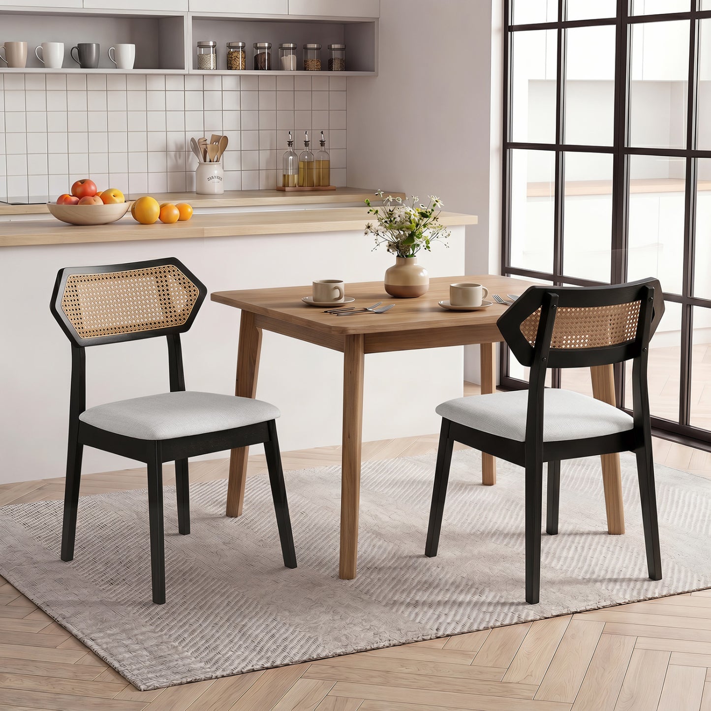 Mid Century Rattan Dining Chair, Set Of 2, Black