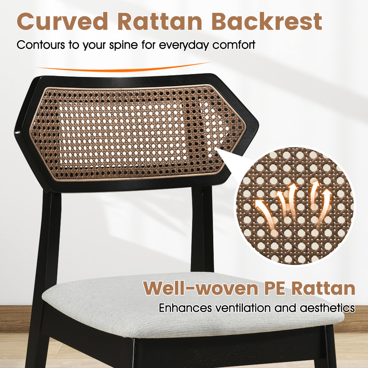 Mid Century Rattan Dining Chair, Set Of 2, Black