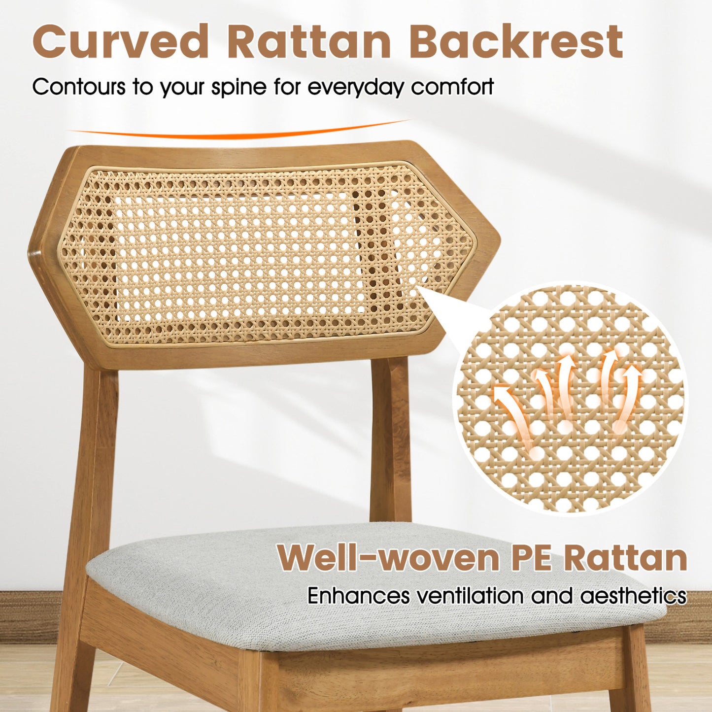 Mid Century Rattan Dining Chairs Set of 2, Natural