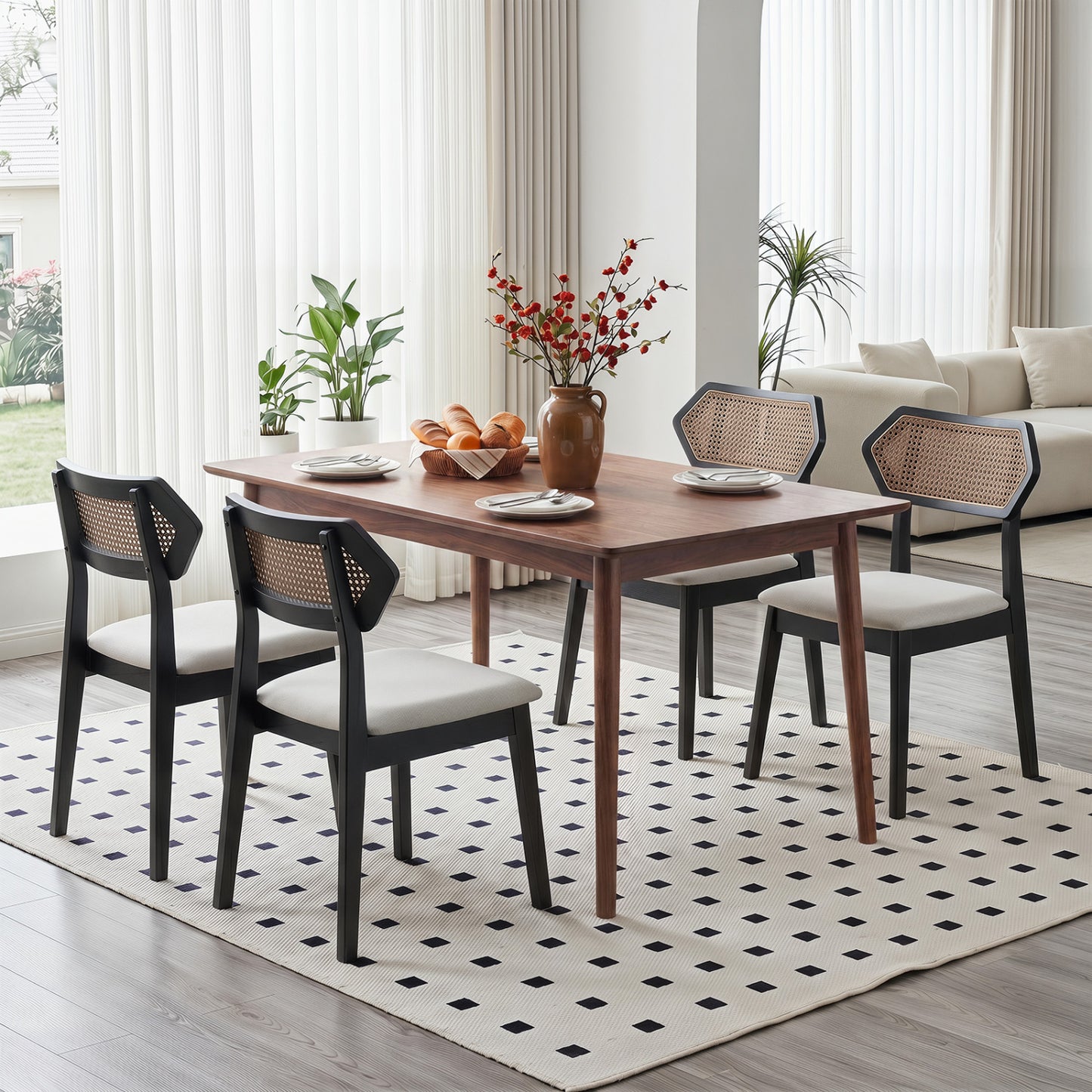 Mid Century Rattan Dining Chairs Set of 4 with Rattan Back, Black
