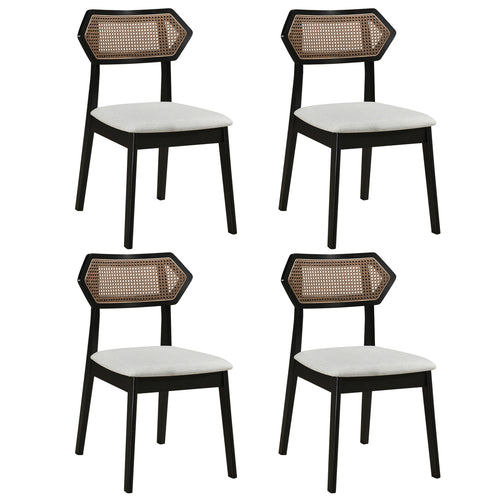 Mid Century Rattan Dining Chairs Set of 4 with Rattan Back, Black