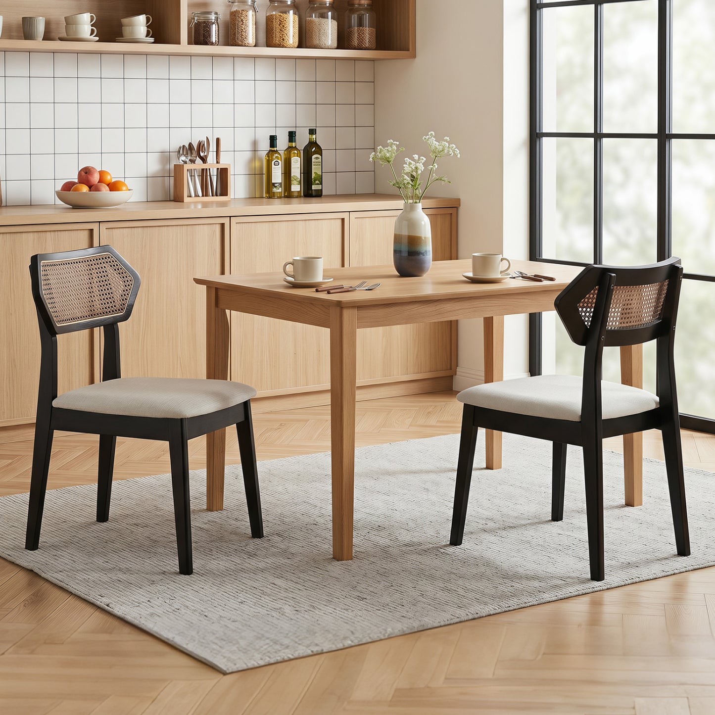 Mid Century Rattan Dining Chairs Set of 4 with Rattan Back, Black