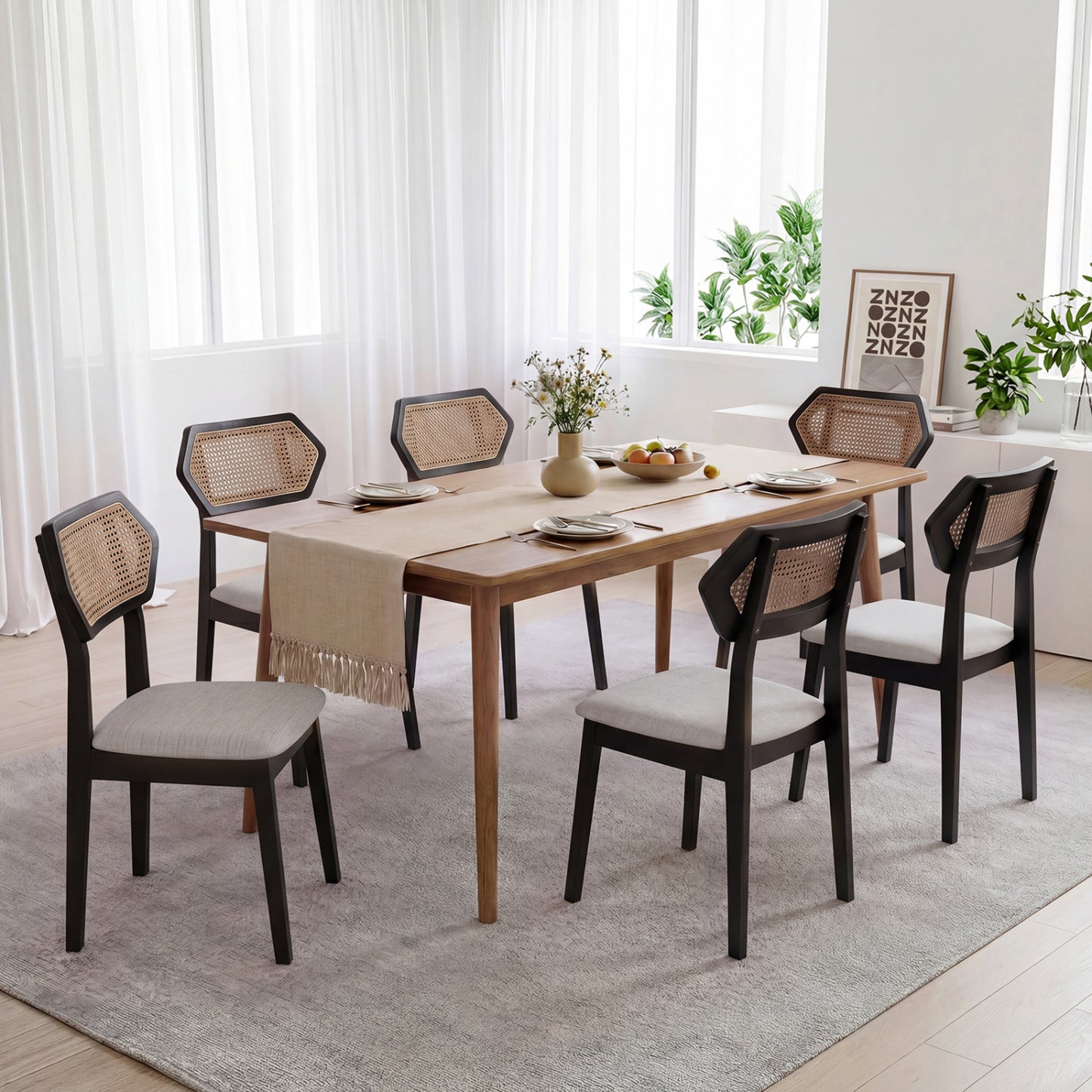 Mid Century Rattan Dining Chairs Set of 4 with Rattan Back, Black