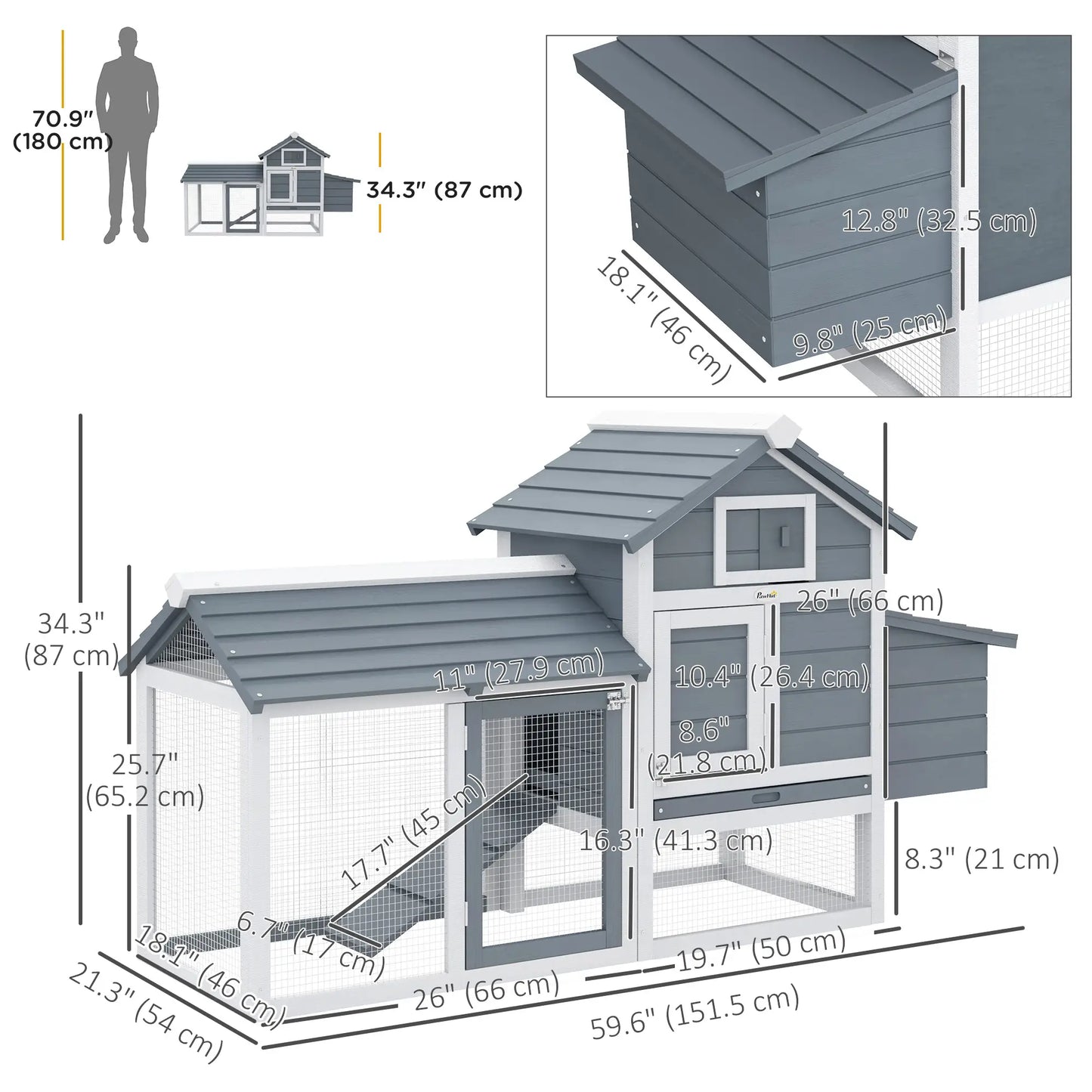 60" Large Chicken Coop, Wooden Hen House, 2 Doors, Nesting Box, Removable Tray, White Chicken Coops at Gallery Canada