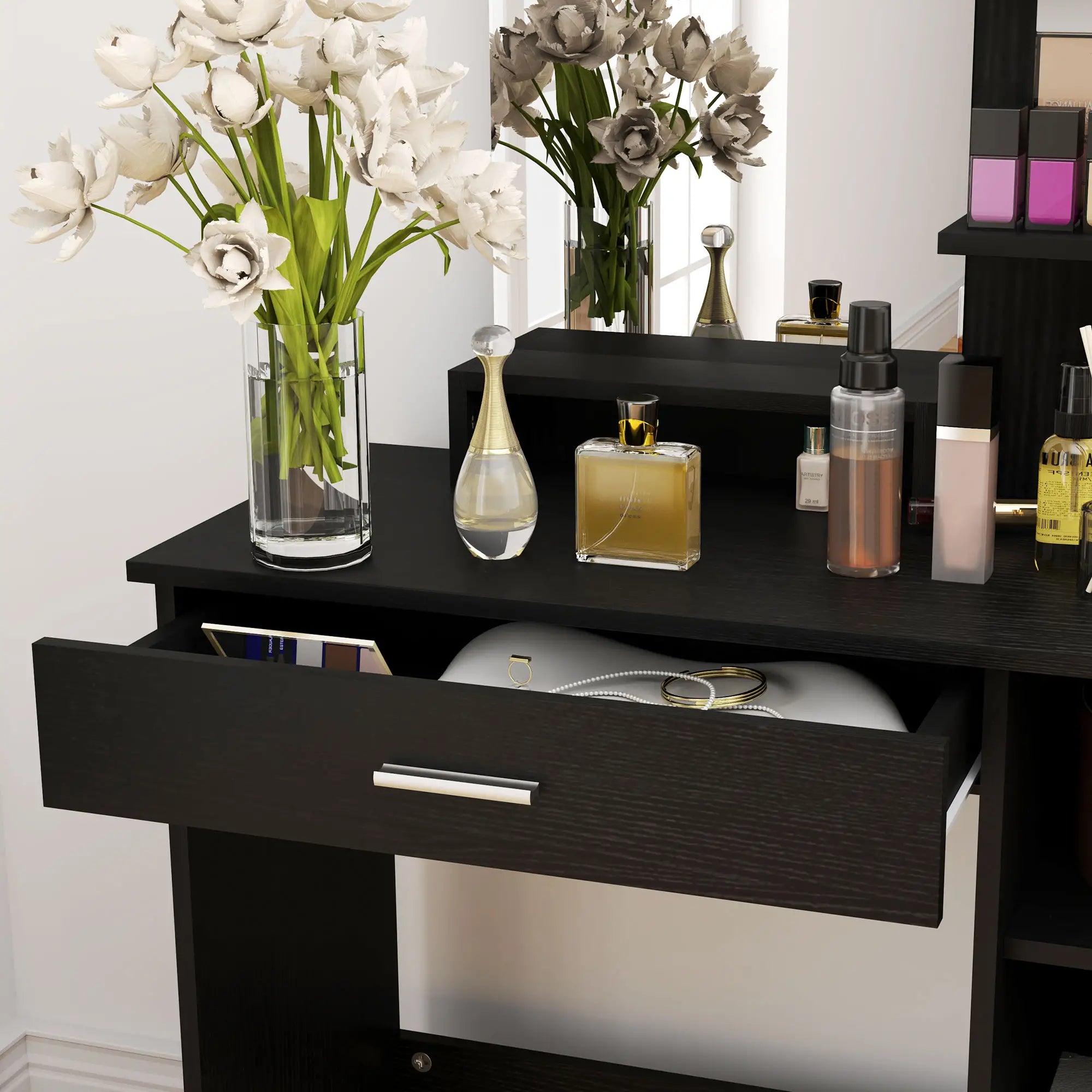 Dressing Table with Mirror, Drawer, Storage Shelves, 35.4