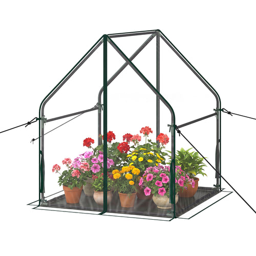 Mini Green House Metal Frame with Waterproof Bottom Mat and Wind Ropes-M, Transparent