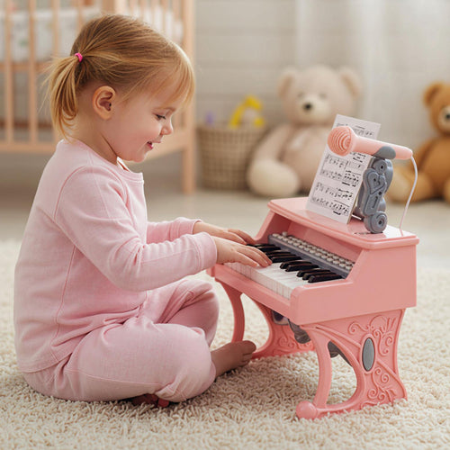 Mini Keyboard Piano 25 Keys, With Music Stand And Microphone, Pink