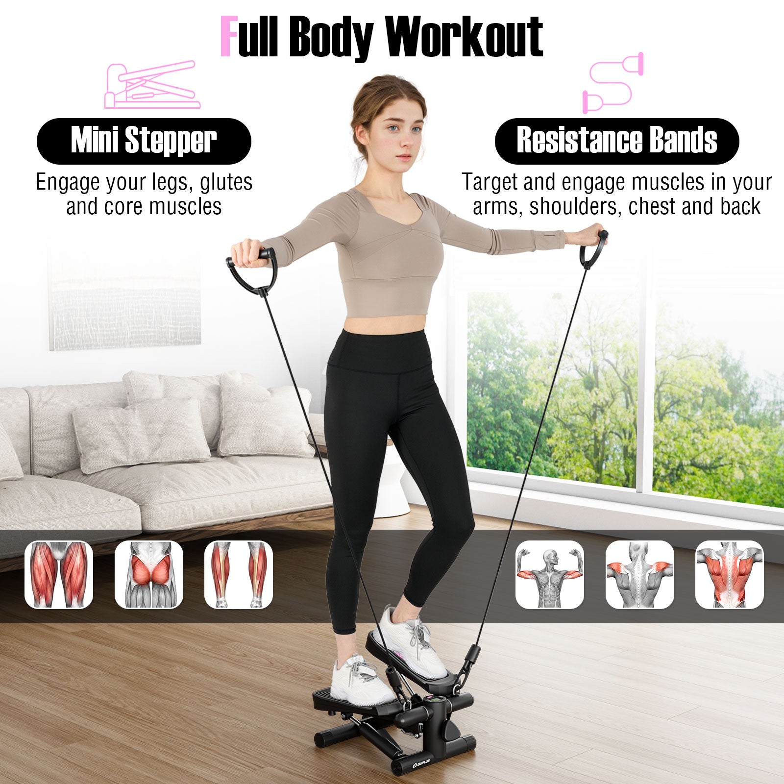 Mini Stepper with Resistance Bands and Adjustable Height for Exercise at Home, Black Sport Equipments at Gallery Canada