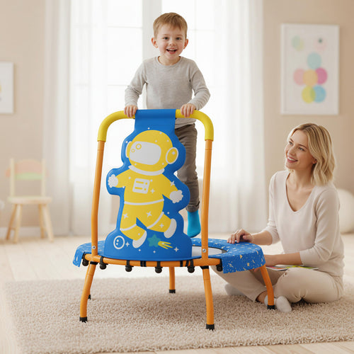 Mini Trampoline For Toddlers, Foam Padded Handle, Safety Cover, Blue