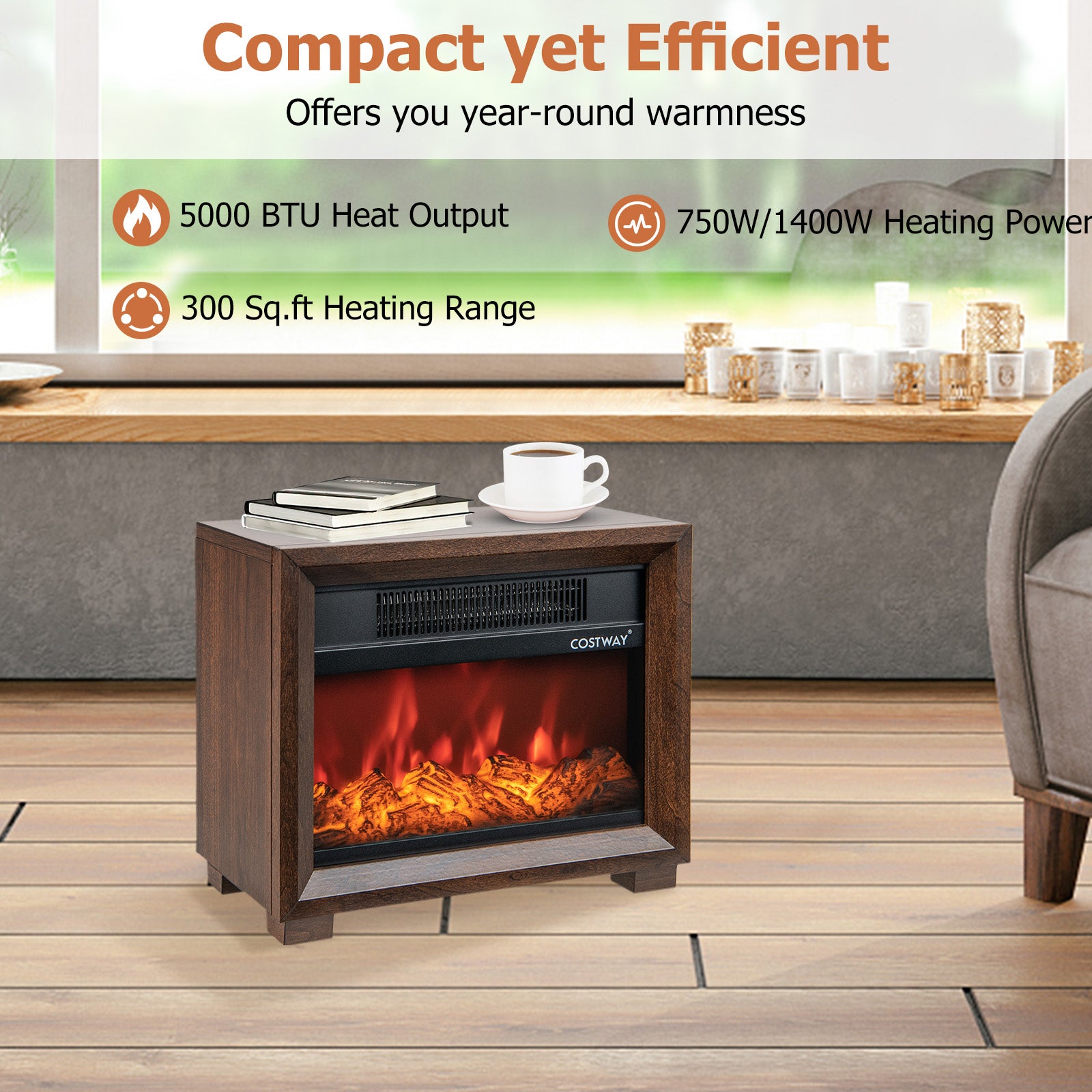 Mini Wooden Space Tabletop Fireplace with Realistic Flame Effect, Brown Fireplaces at Gallery Canada