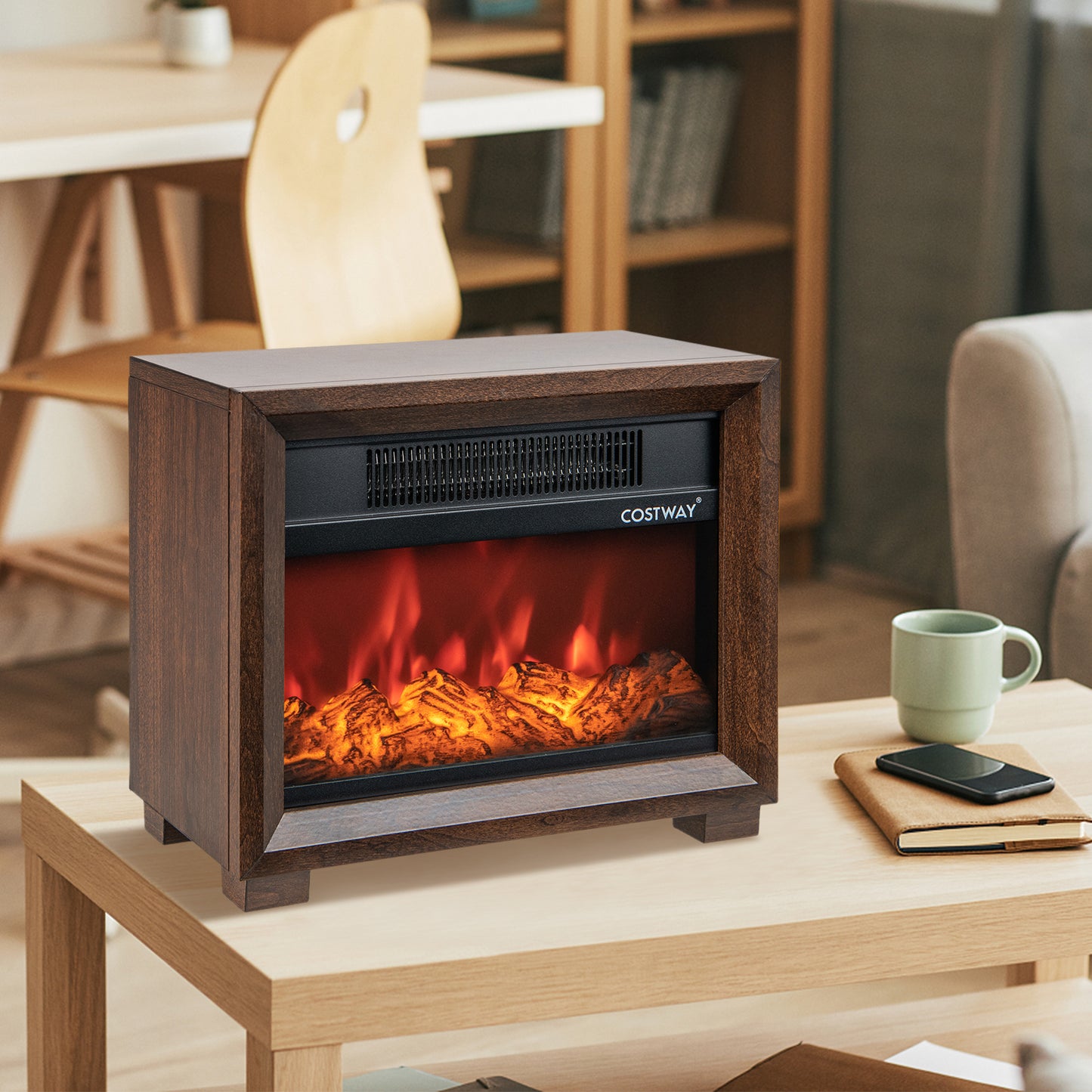 Mini Wooden Space Tabletop Fireplace with Realistic Flame Effect, Brown Fireplaces at Gallery Canada