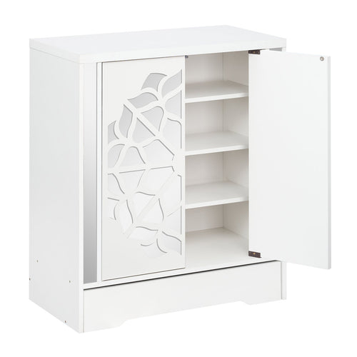 Mirrored Shoe Cabinet, 4-Tier Organizer With Large Drawer, White