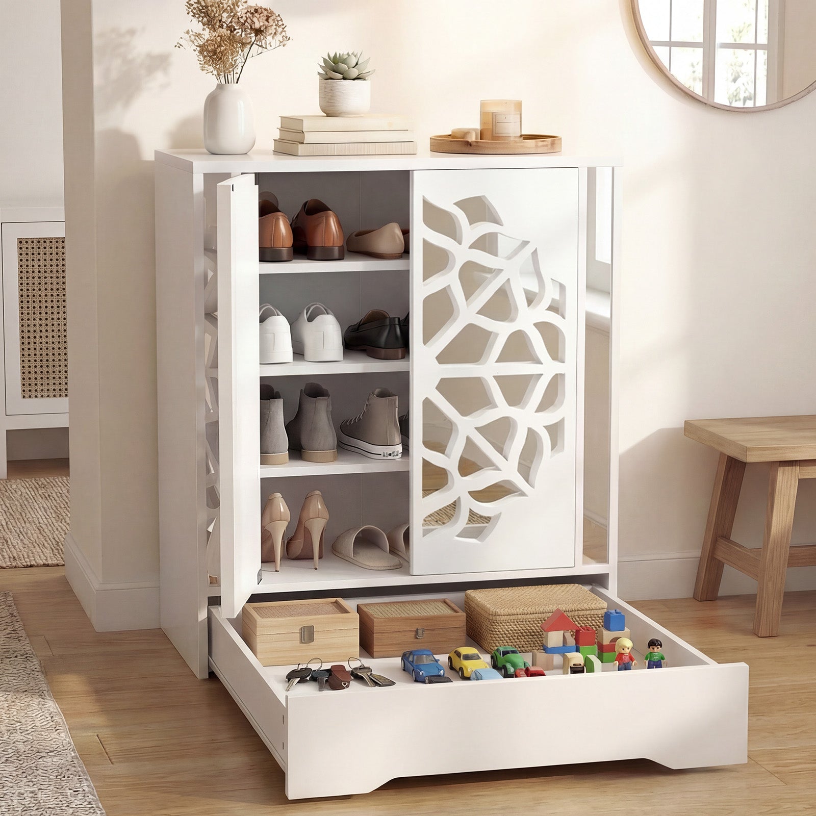 Mirrored Shoe Cabinet, 4-Tier Organizer With Large Drawer, White Shoe Racks & Storage Benches at Gallery Canada