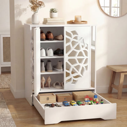 Mirrored Shoe Cabinet, 4-Tier Organizer With Large Drawer, White Shoe Racks & Storage Benches at Gallery Canada