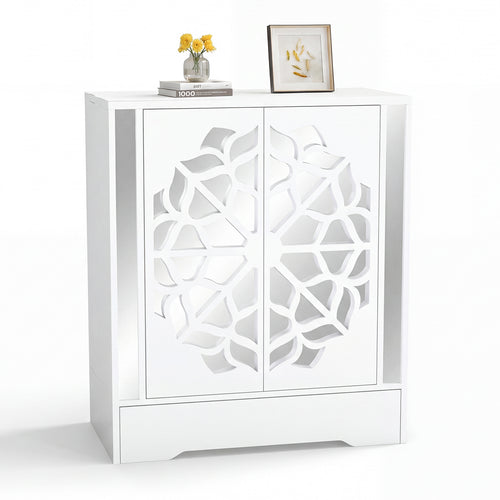 Mirrored Shoe Cabinet, 4-Tier Organizer With Large Drawer, White