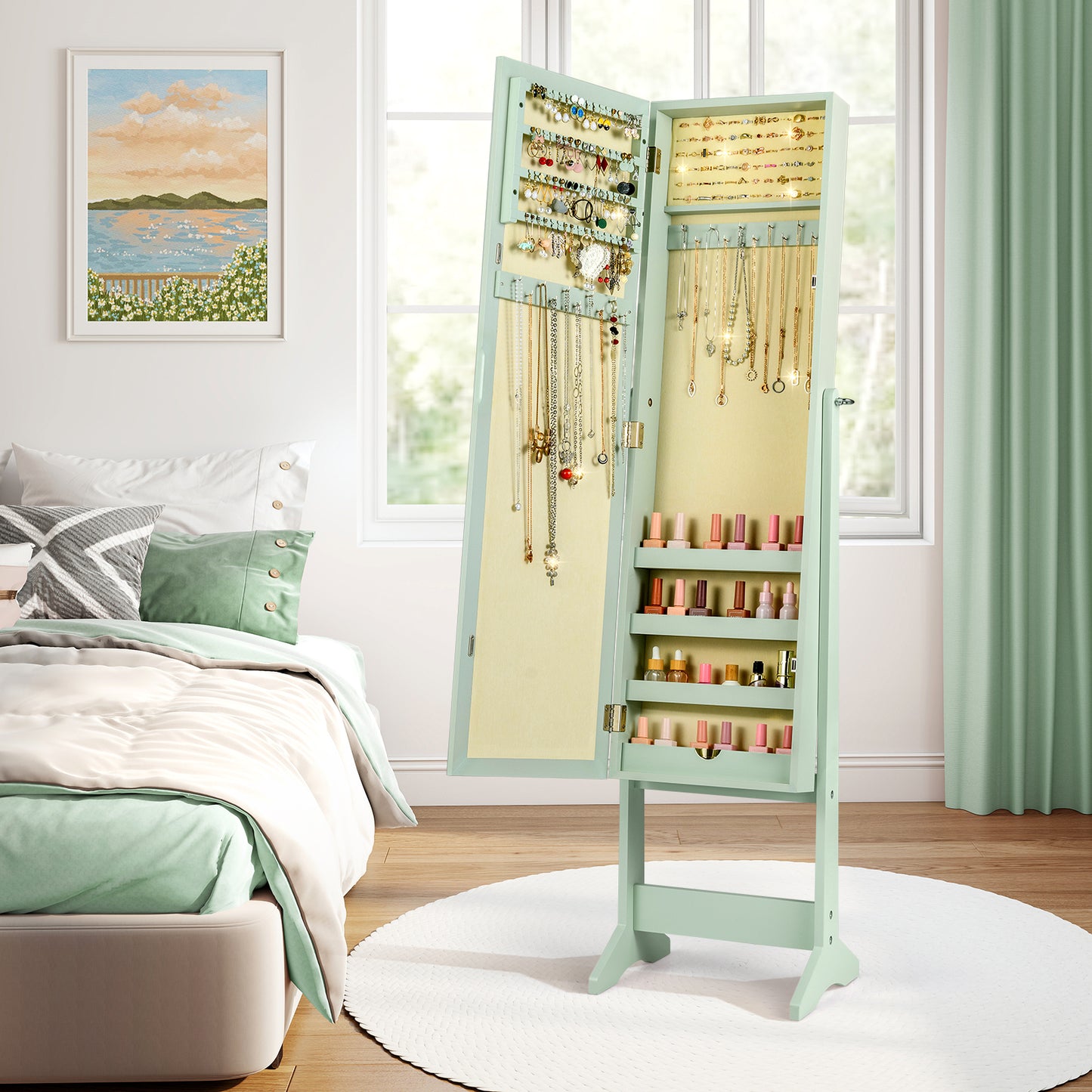 Mirrored Standing Jewelry Cabinet Storage Box, Green Jewelry Armoires at Gallery Canada