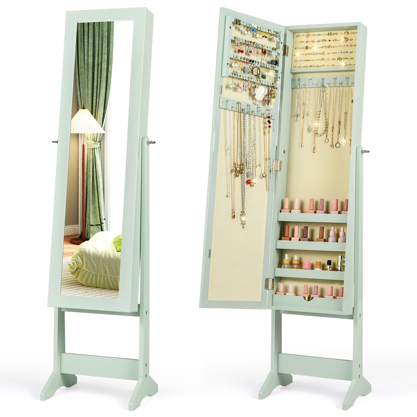 Mirrored Standing Jewelry Cabinet Storage Box, Green Jewelry Armoires at Gallery Canada