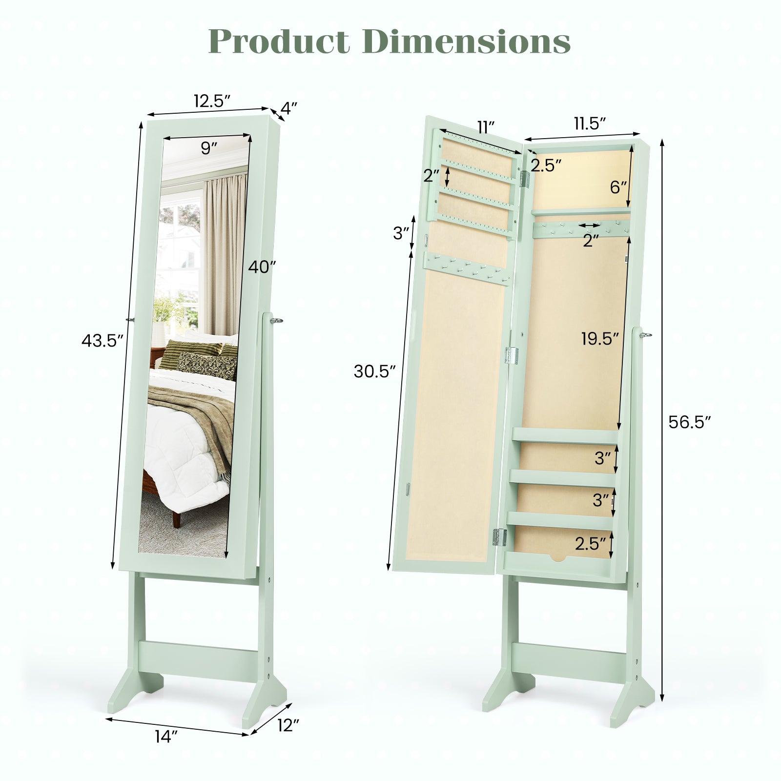 Mirrored Standing Jewelry Cabinet Storage Box, Green Jewelry Armoires at Gallery Canada