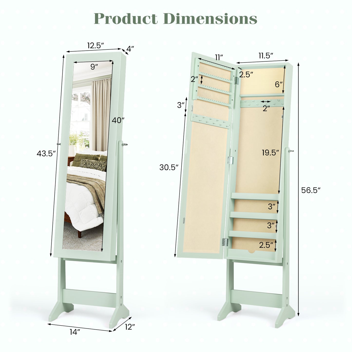 Mirrored Standing Jewelry Cabinet Storage Box, Green Jewelry Armoires at Gallery Canada