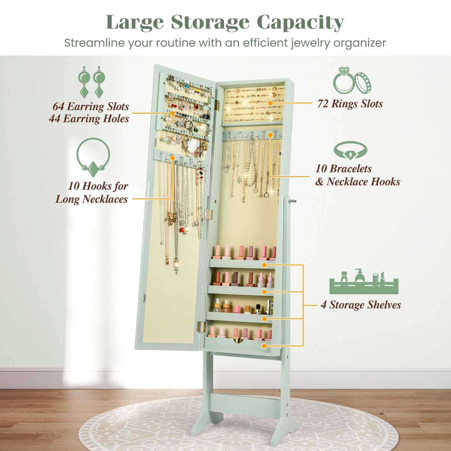 Mirrored Standing Jewelry Cabinet Storage Box, Green Jewelry Armoires at Gallery Canada