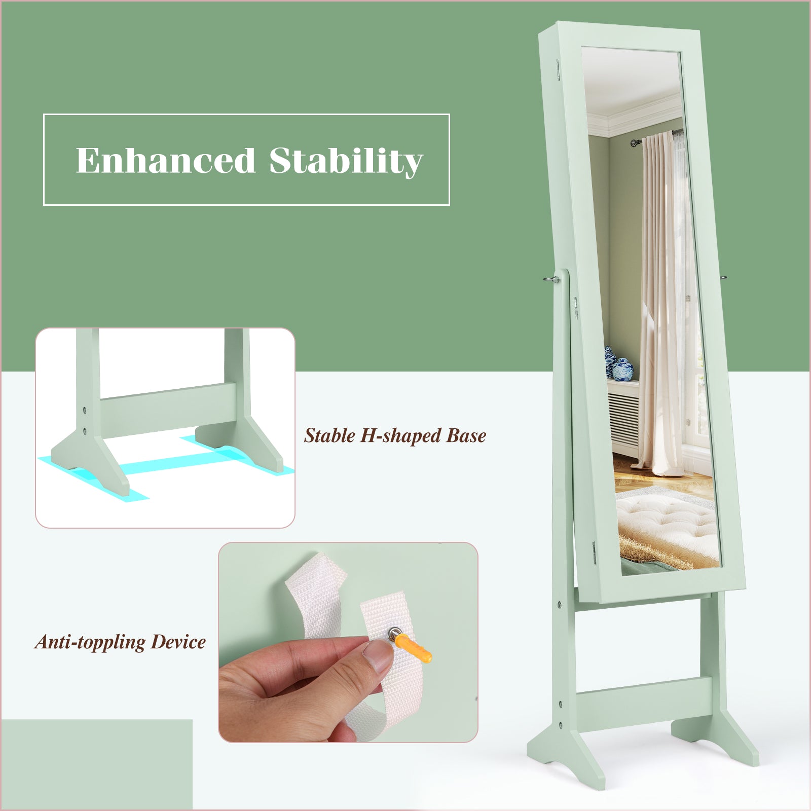 Mirrored Standing Jewelry Cabinet Storage Box, Green Jewelry Armoires at Gallery Canada