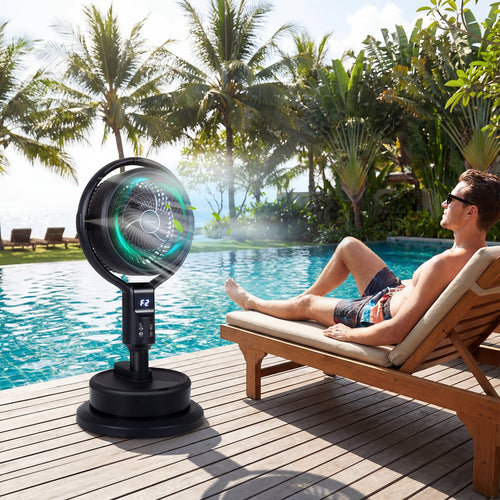 Misting Pedestal Fan, 8 Speeds, 90° Auto Oscillation, Black