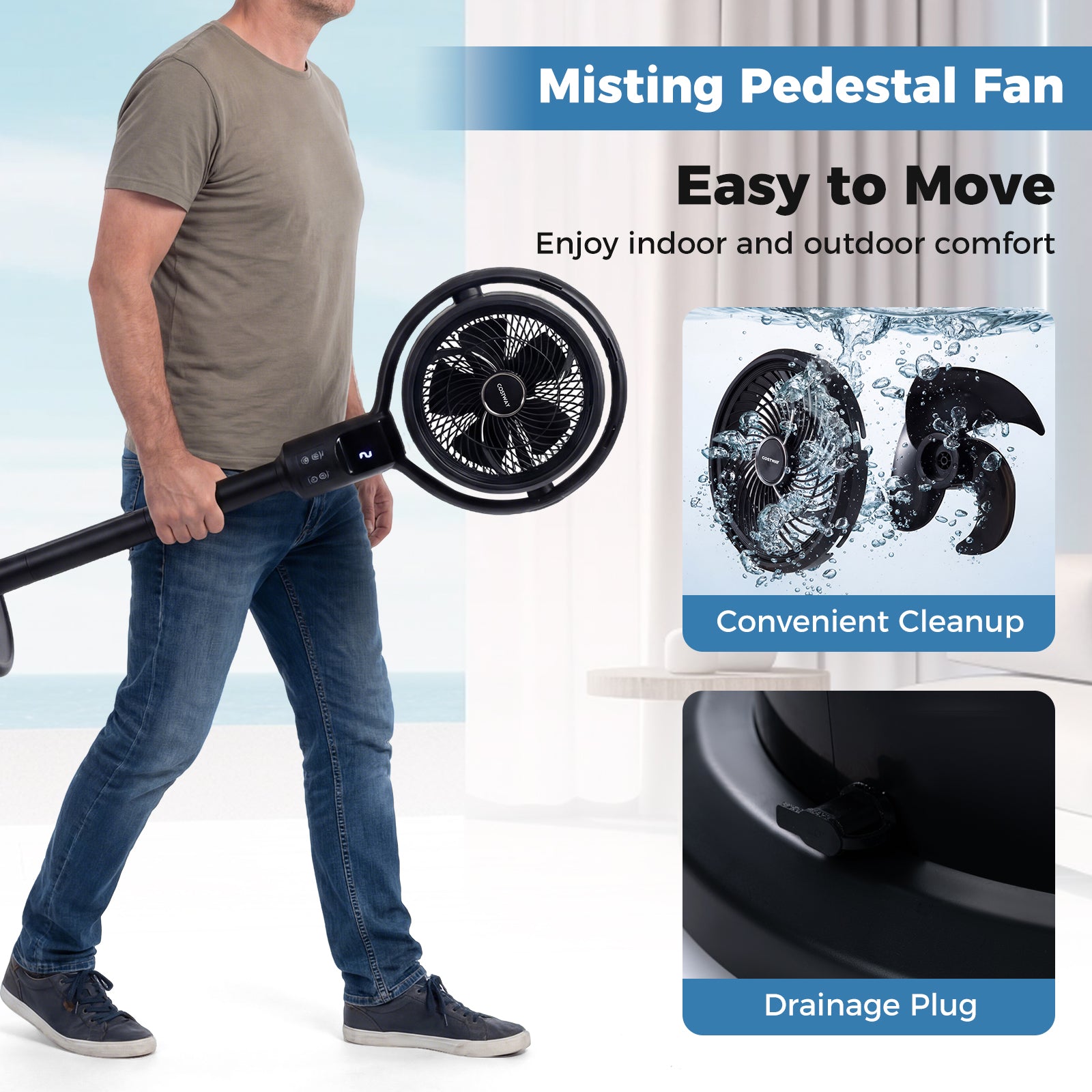 Misting Pedestal Fan, 8 Speeds, 90° Auto Oscillation, Black Fans at Gallery Canada