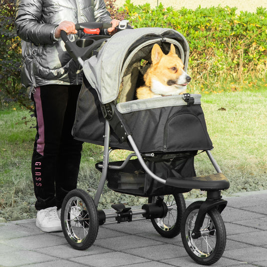 Pet Stroller with 3 Wheels, One-click Folding Design, Adjustable Canopy, Zippered Mesh Window Door, Grey - Gallery Canada
