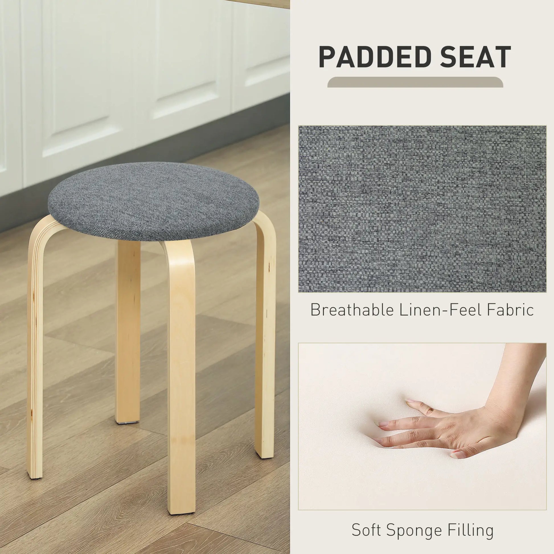 Stackable Wood Stools Set of 4, Padded Seat, Grey Dining Chairs at Gallery Canada